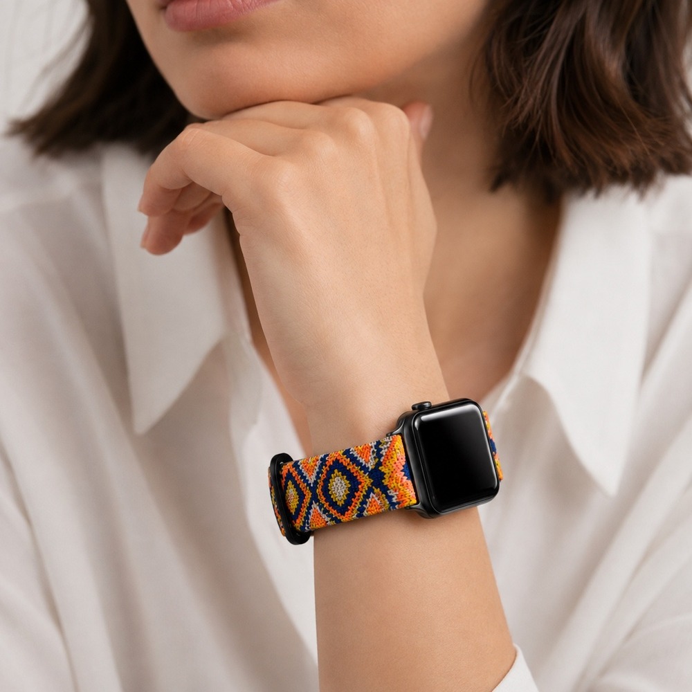 2 Pack Apple Watch Stretchy Solo Loop Bands Black Orange Boho 42-49mm